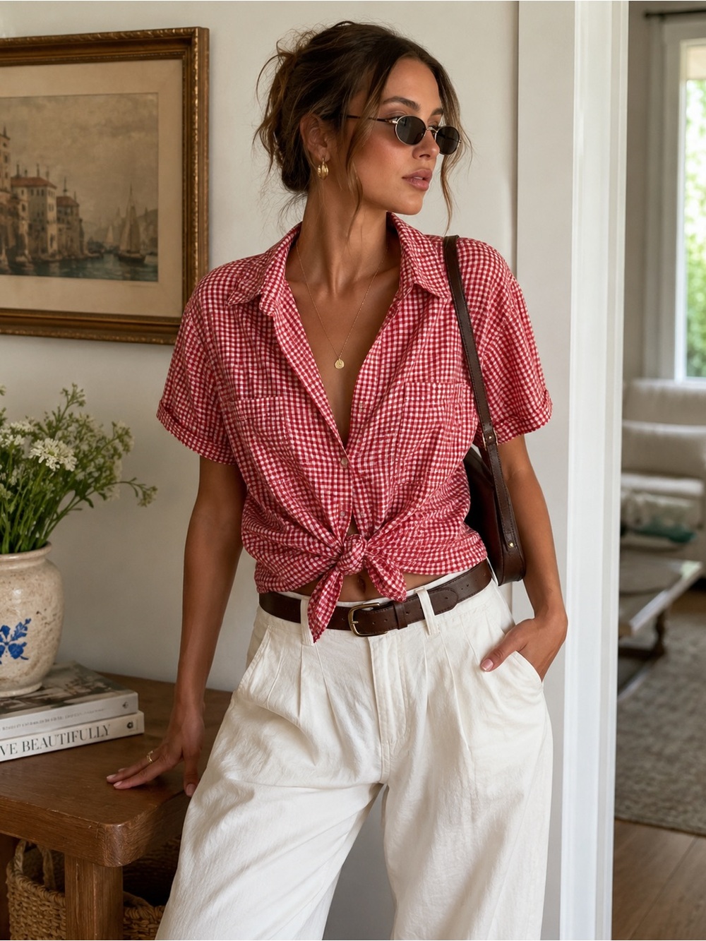 Classic Red Gingham Button-Down Tie Front Shirt